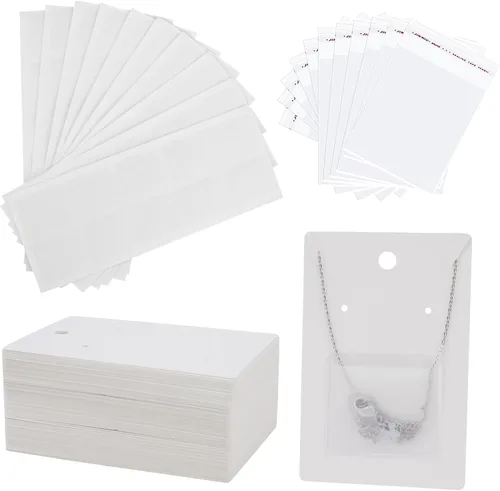 Vista 7 de Temlum 100 tarjetas de exhibición de joyas con 100 bolsas adhesivas y bolsas transparentes, soportes para tarjetas de collar y aretes para vender