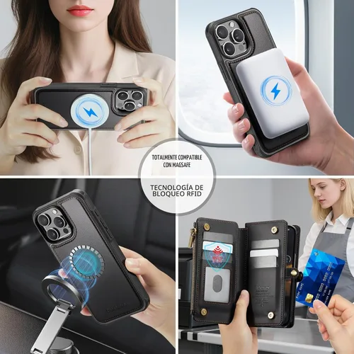 Vista 4 de Defencase Funda Magnética de Cartera para iPhone 15 Pro Compatible con Magsafe con Bloqueo RFID Correa con Cremallera Portador de Tarjetas