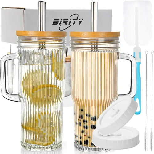 Vista 11 de Birity Tazas de vidrio de 24oz con tapas y popotes, vaso de vidrio con asa, 2 juegos – Tazas de café helado reutilizables con tapa y popote