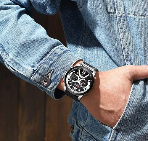 Vista 5 de Reloj de pulsera analógico de cuarzo para hombre, cronógrafo, impermeable, correa de cuero, correa de cuero, reloj de pulsera