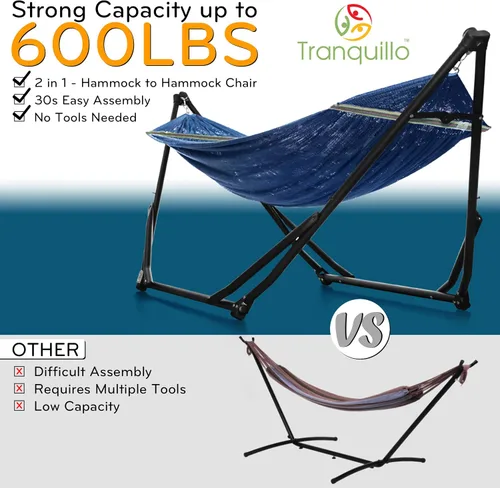 Vista 8 de Tranquillo UniGen Hammock, Hammock with Stand Heavy Duty Indoor/Outdoor Hammock with Signature Steel Stand, 600lbs Premium Foldable, Durable Aegean