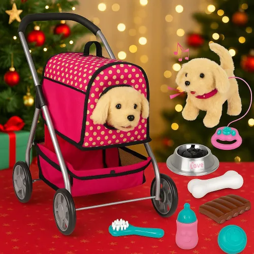 Vista 2 de Cochecito de Muñeca Cachorro – Juguete de Perro de Peluche con Control Remoto que Camina y Ladra para Niños – Cachorro Electrónico Interactivo
