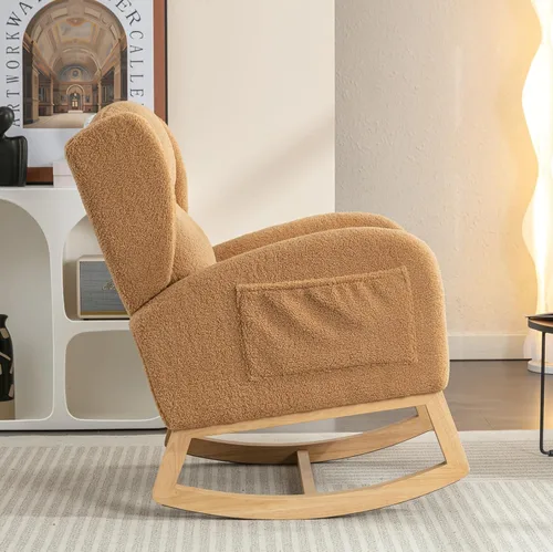 Vista 13 de Mecedora de peluche para guardería, silla mecedora tapizada con bolsillo, silla moderna con respaldo de ala, cómoda silla de lectura con patas