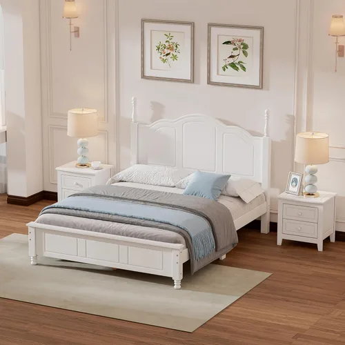 Vista 10 de Merax Juego de muebles de dormitorio de madera rústica moderna de 3 piezas con marco de cama de tamaño matrimonial, 2 mesitas de noche con cajones