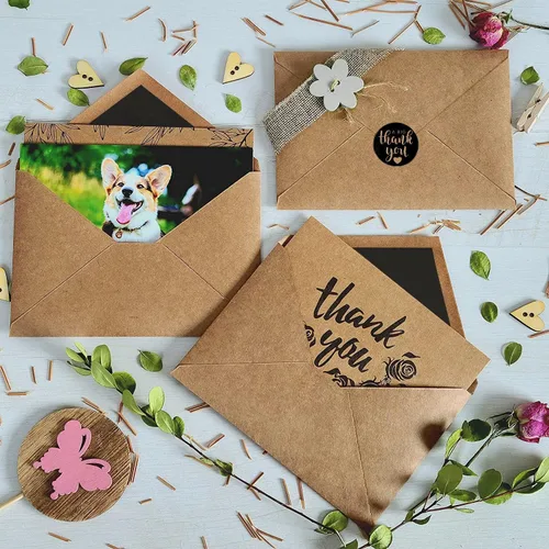 Vista 6 de 150 tarjetas de agradecimiento con sobres y calcomanías de papel kraft marrón a juego, 10 diseños elegantes de papel kraft a granel, notas en blanco