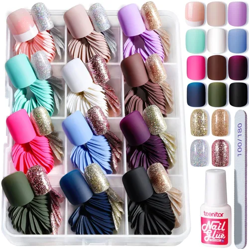 Teenitor Uñas postizas cuadradas cortas de acrílico mate, 360 unidades, cobertura completa, uñas postizas a presión con purpurina