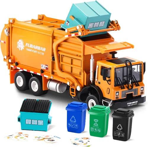 FUBARBAR Camión de basura de juguete de metal – Modelo de camión de reciclaje y transporte de residuos de 1:43 con contenedor de basura, modelo de