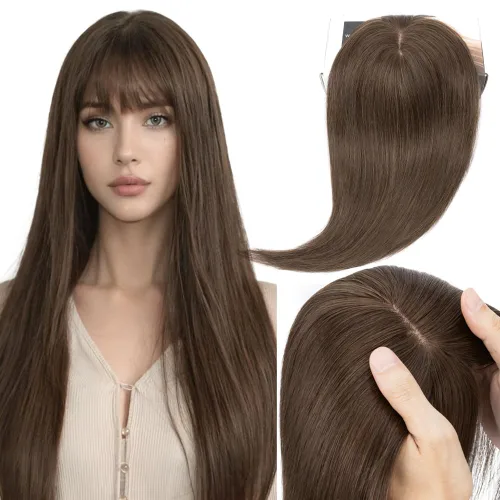 Vista 9 de Elailite Pelucas para mujeres con flequillo, cabello humano real, topper con cabello delgado, 13 cm x 7 cm, base de seda, clip en piezas de cabello
