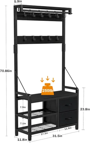 Vista 6 de Lulive Hall Tree, banco de entrada de 31.5 pulgadas con perchero independiente, banco de zapatos de diseño inteligente 5 en 1 y estante de pared, 17