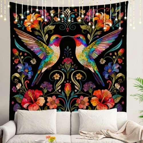 Vista 37 de Shrahala Flowers Beautiful Tropical Camomile Wall Tapestry, Colorful Humming Bird Wall Hanging Large Tapestry Decoration Polyester Fiber White Hem