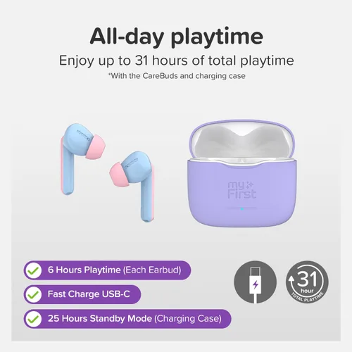 Vista 7 de myFirst Carebuds Auriculares para Niños - Auriculares Inalámbricos Bluetooth Verdaderos con Límite de Volumen de 85db, Micrófono, Estuche de Carga
