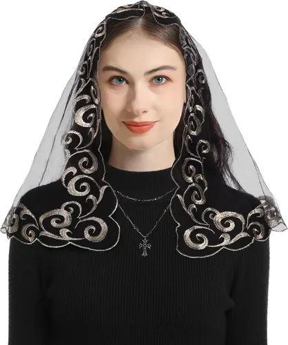 Vista 2 de Bozidol Cubierta triangular para la cabeza de la iglesia, velo de iglesia vintage bordado con cáliz cruzado para mujer