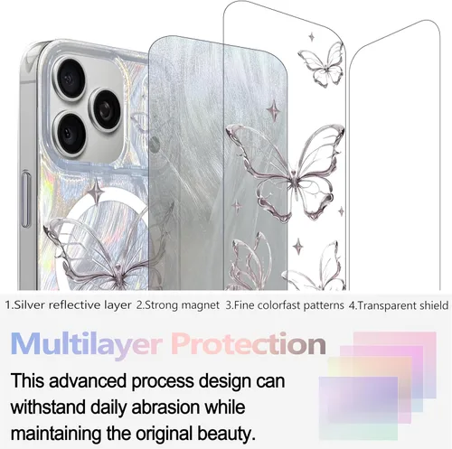 Vista 603 de I-MGAE-IN-AR - Funda diseñada para iPhone 12 y 12 Pro, diseño de mariposa plateada brillante, funda protectora de poliuretano termoplástico, suave