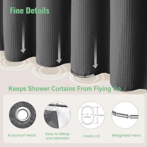 Vista 96 de Cortina de ducha de tela Dynamene verde oscuro - Cortinas de baño de tela de nido de abeja texturizadas resistentes, juego de cortinas de baño