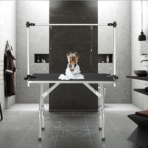 Vista 5 de Mesa de aseo para perros de 36 pulgadas, mesa plegable de acero inoxidable para secado de mascotas de hasta 330 libras, escritorio de baño