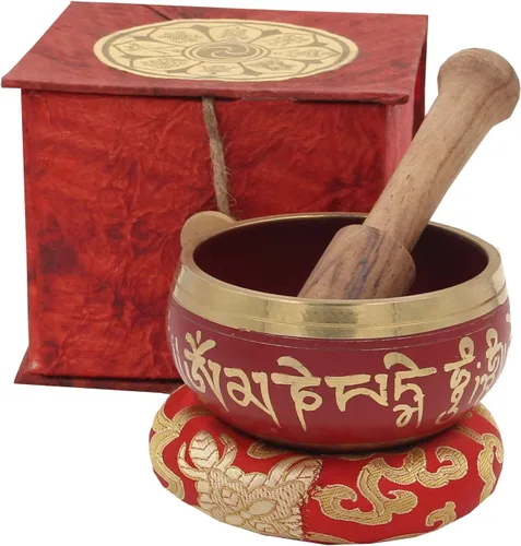 DharmaObjects Juego de regalo tibetano para meditación Om Mani Padme Hum, mazo de palisandro, cojín de terciopelo, caja de regalo