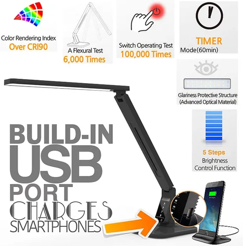 Vista 4 de Lampat Dimmable LED Desk Lamp, 4 Lighting Modes (Reading/Studying/Relaxation/Bedtime), 5-Level Dimmer, Touch-Sensitive Control Panel, 1-Hour Auto