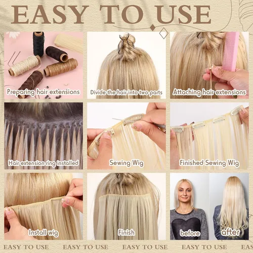 Vista 4 de Yuxung 2500 extensiones de cabello, micro anillos, enlaces y 5 rollos de extensiones de hilo de coser y 10 agujas C/J/I Kit para cabello humano