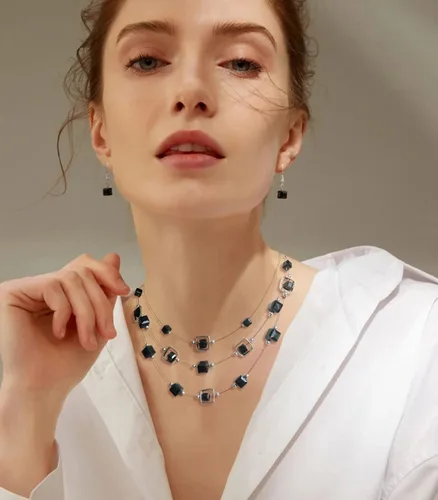 Vista 3 de Collar de cuentas de plata en capas para mujer, cuentas de cristal cuadradas, collar y aretes, disfraces de moda, conjuntos de joyas para mujer