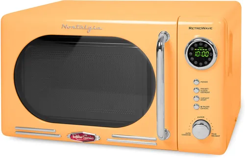 Vista 2 de Nostalgia Horno microondas compacto retro para encimera, 0.7 pies cúbicos y cafetera programable retro de 12 tazas con pantalla LED