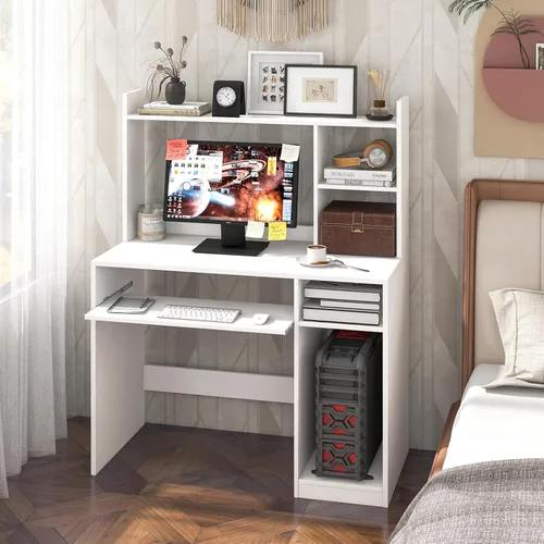 Vista 2 de Giantex Escritorio blanco para computadora con gabinete y estantería, mesa de computadora de 43.5 pulgadas con bandeja para teclado y soporte