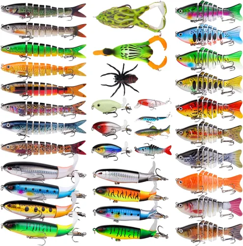 Vista 9 de TSKS Kit de Señuelos Artificiales de Pesca Mixto Incluyendo Minnow de Aleta de Buceo Frontal, Popper de Superficie, Cebos de Manivela, Lápiz VIB