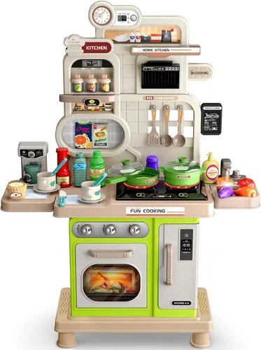 Juego de cocina, juego de cocina para niños con sonido y luz realista, estufa de cocina, fregadero, comida de juego y accesorios, 57 piezas de