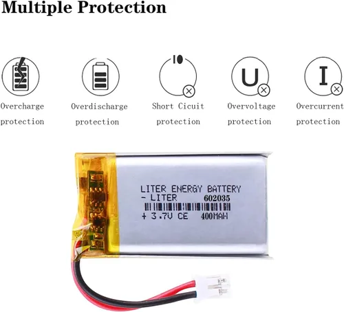 Vista 4 de Liter energy battery batería recargable 602035 del polímero de iones de litio de la batería 400mAh de 3.7V Lipo con el conector de JST