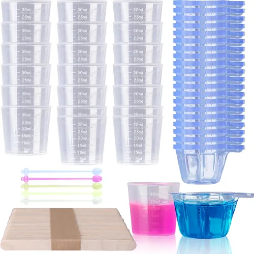 LET'S RESIN Kit de tazas mezcladoras de epoxi, 200 unidades, plástico, vasos medidores desechables de 1.0 fl oz, 50 varillas de madera para mezclar