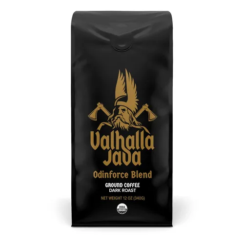 Death Wish Coffee Valhalla Java - Café molido tostado oscuro, 12 onzas, mezcla audaz e intensa de granos Arábica Robusta, orgánico USDA