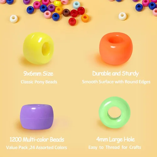 Vista 4 de Simetufy 3600 cuentas de poni a granel, 24 colores surtidos, cuentas de plástico arcoíris para trenzar el cabello, pulseras de amistad