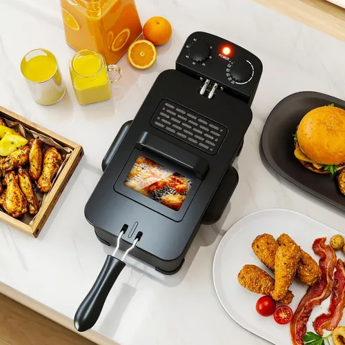 Vista 8 de SIMOE Freidora eléctrica con canasta, freidora de aceite de encimera de 1700 W con temperatura ajustable, tapa con ventana de visión, capacidad