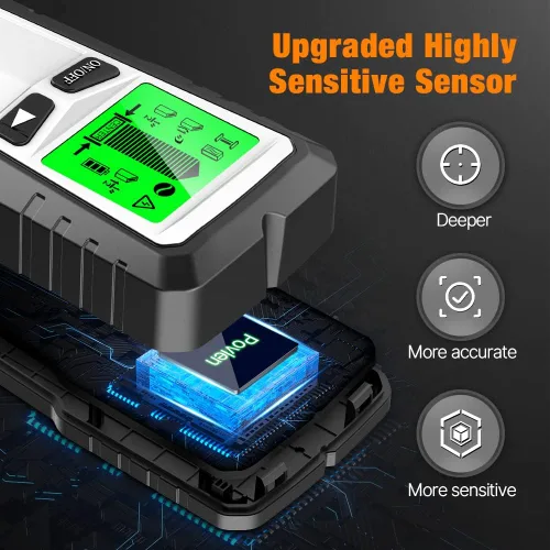 Vista 4 de Escáner de pared con sensor de pernos, sensor electrónico de perno 5 en 1, detector de madera, buscador de vigas, buscador de bordes con pantalla