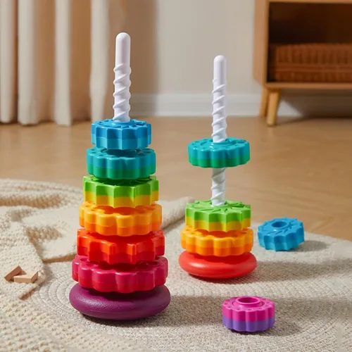 Vista 8 de Juguetes de apilamiento giratorios para bebés, anillos de apilamiento de plástico ABS con diseño de arco iris de colores para bebés de 6 a 12 meses