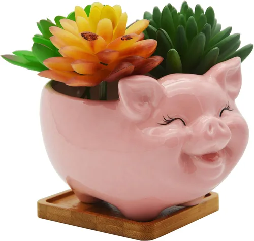 Vista 9 de Cuteforyou Macetas para suculentas, bonitas macetas de cerámica con forma de animal con bandeja de bambú, planta no incluida (perro corgi)