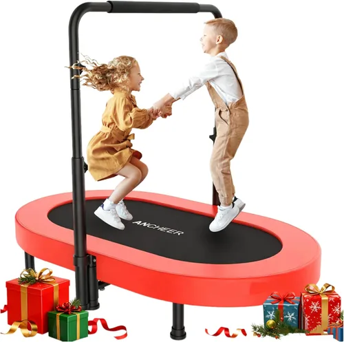 Vista 8 de ANCHEER Mini trampolín doble de 56 pulgadas para niños, mini reboteador con mango ajustable de 5 niveles, trampolín para padres e hijos para niños