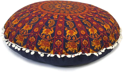 Vista 8 de Funda redonda para cojín de mandala, estilo hippie, bohemio, otomana, con pompones, funda decorativa, boho, india, 22 pulgadas (multicolor Yin yang)