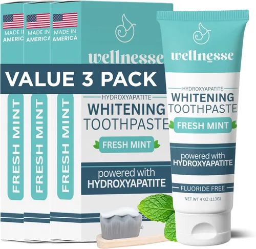 Vista 10 de Wellnesse Pasta de dientes blanqueadora de carbón activado con xilitol, pasta de dientes de carbón negro de hidroxiapatita sin flúor para aliento