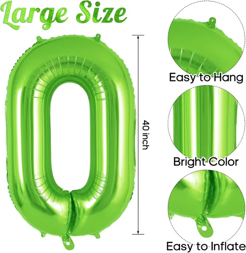 Vista 3 de Globo de número 0 verde de 40 pulgadas, globos grandes de papel de aluminio de helio con número, globos gigantes de Mylar número 0 para suministros