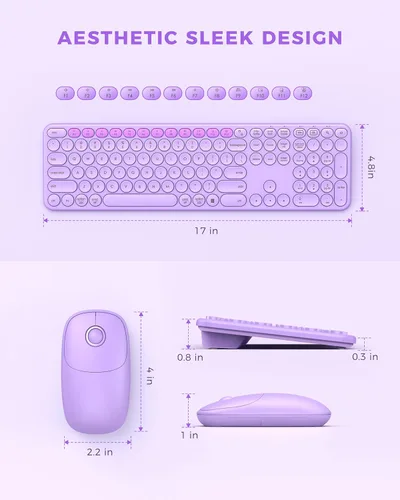 Vista 6 de PEIOUS Combo de teclado y mouse inalámbricos, lindo teclado y mouse con receptor USB y tipo C, teclado inalámbrico morado inalámbrico