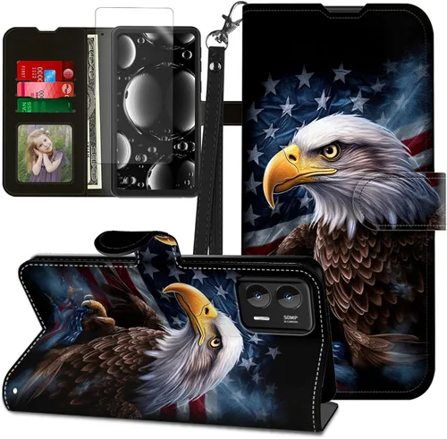 Vista 288 de Funda para Motorola Edge 2022 con protector de pantalla, soporte y tarjetero y correa para la muñeca, funda magnética para Moto Edge 2022 5G UW Lobo