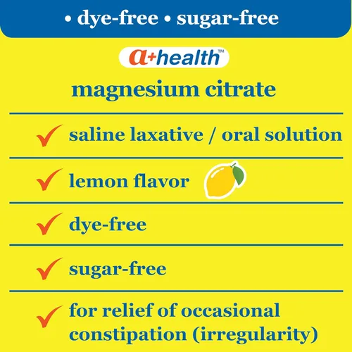 Vista 2 de A+Health Magnesium Citrate Oral Solution, Saline Laxative, Lemon Flavor, Made in USA, Dye-Free, Sugar Free, 1 Bottle, 10 Fl Oz