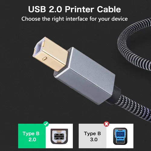 Vista 4 de Cable de impresora de 30 cm, USB 2.0 tipo A macho a B macho, cables trenzados, cable de escáner de alta velocidad, cable de impresora USB compatible