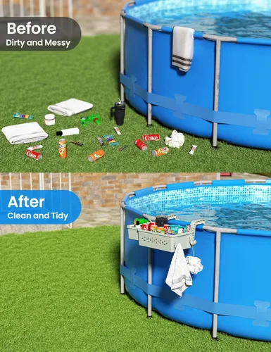 Vista 3 de SUMMERBUDDY 2 juegos de cestas de almacenamiento junto a la piscina, cesta de almacenamiento para piscina sobre el suelo con soporte para tazas