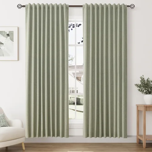 Vista 24 de Beige White 100% Blackout Curtains 84 Inch Length for Bedroom Back Tab Thick Heavy Black Out Linen Drapes Farmhouse Rustic Living Room Thermal