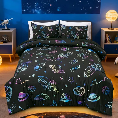 Aimuan Juego de ropa de cama Twin Space para niños, juego de edredón de cohete súper suave y lindo con estampado de extraterrestres OVNI para niños,