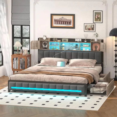 Vista 3 de Base de cama LED Queen con cabecera de estantería y 4 cajones de almacenamiento, marco de cama Queen tapizado con estación de carga USB y tipo C