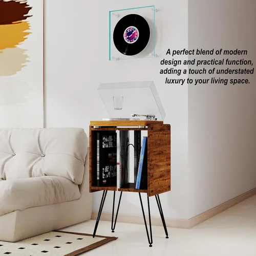 Vista 2 de Soporte para tocadiscos con almacenamiento de vinilo – Mesa giratoria compacta de 12 x 15 pulgadas, 27 pulgadas de alto, armario moderno