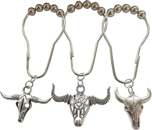 Vista 5 de Ganchos para cortina de ducha de vaca, 12 piezas de acero inoxidable a prueba de óxido, accesorios para colgantes de calaveras de toro, vida