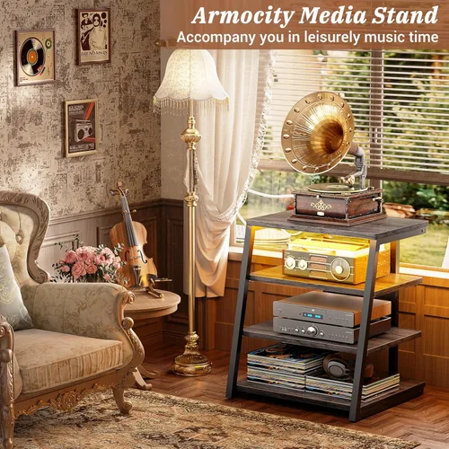 Vista 4 de Armocity Soporte multimedia AV de 4 niveles con regletas de alimentación, soporte estéreo con luces LED, torre de audio en rack con estantes